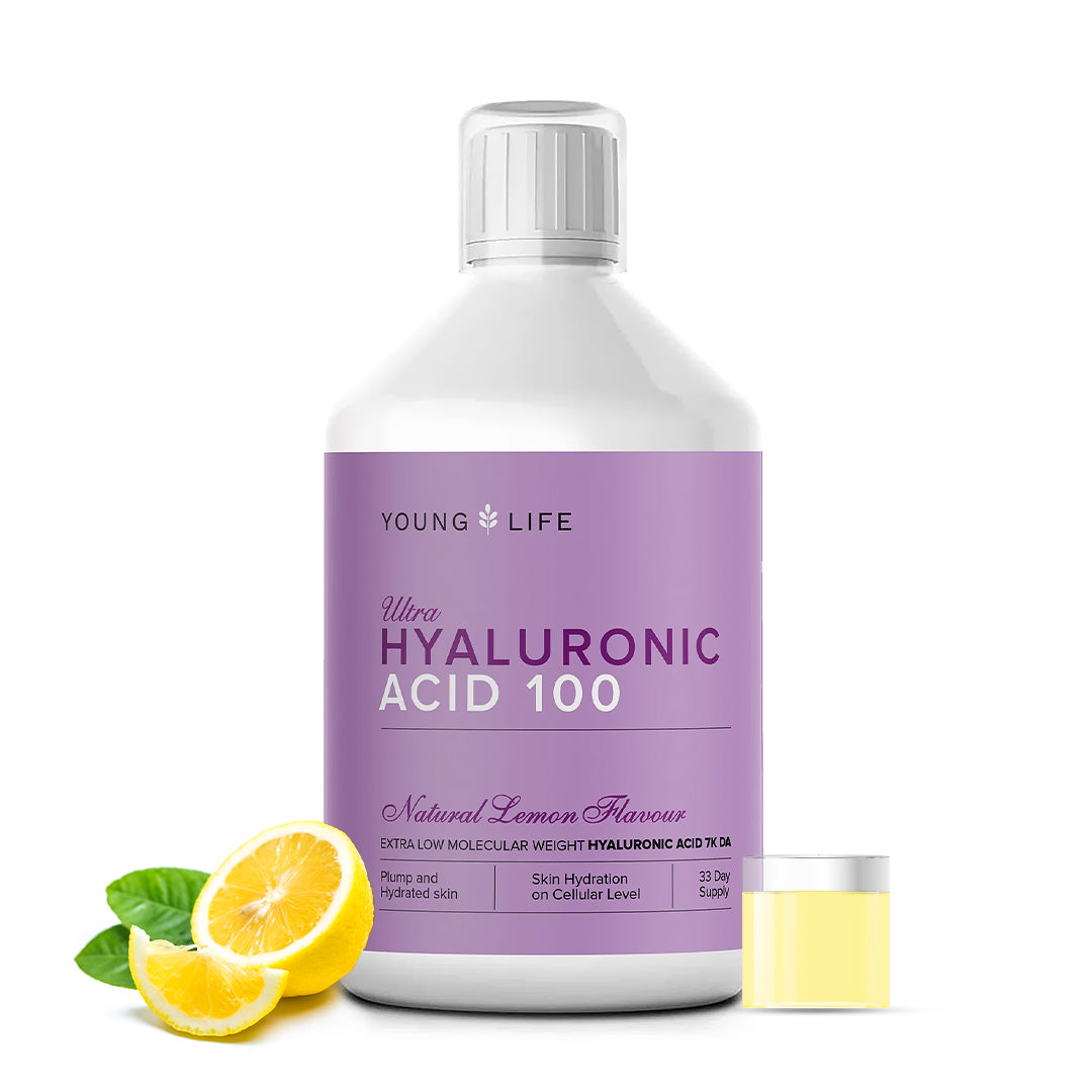 Rejuvenate and hydrate your skin with Young Life Ultra Hyaluronic 100. Experience the invigorating natural lemon flavor and indulge in the highest quality for plump and nourished skin.