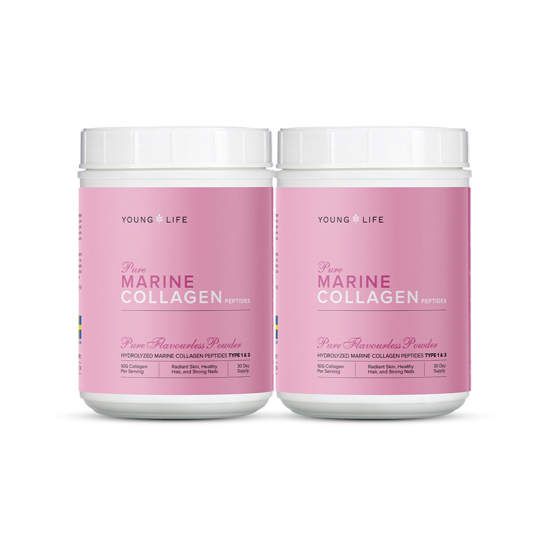 Enhance your beauty and achieve a youthful look with a bundle of 2 packs of Young Life Pure Marine Collagen Peptides, each containing 10,000mg of hydrolyzed pure marine collagen.