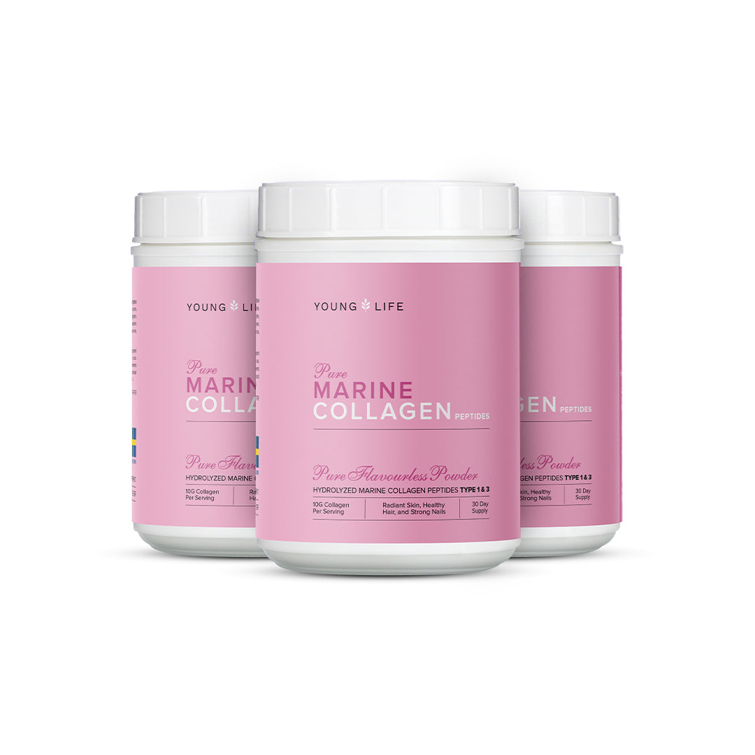 Enhance your beauty and achieve a youthful look with a bundle of 3 packs of Young Life Pure Marine Collagen Peptides, each containing 10,000mg of hydrolyzed pure marine collagen.