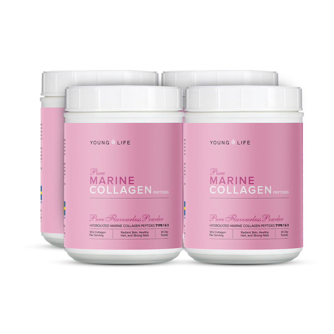 Enhance your beauty and rejuvenate your look with a bundle of 4 Young Life Pure Marine Collagen Peptides. Each pack contains 10,000mg of pure marine collagen for visible results.